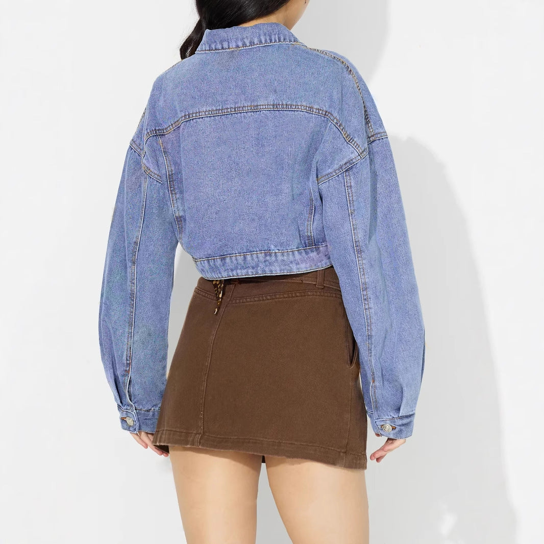 Damen Cropped Jeansjacke Voluminöse Ärmel Modische Knöpfe