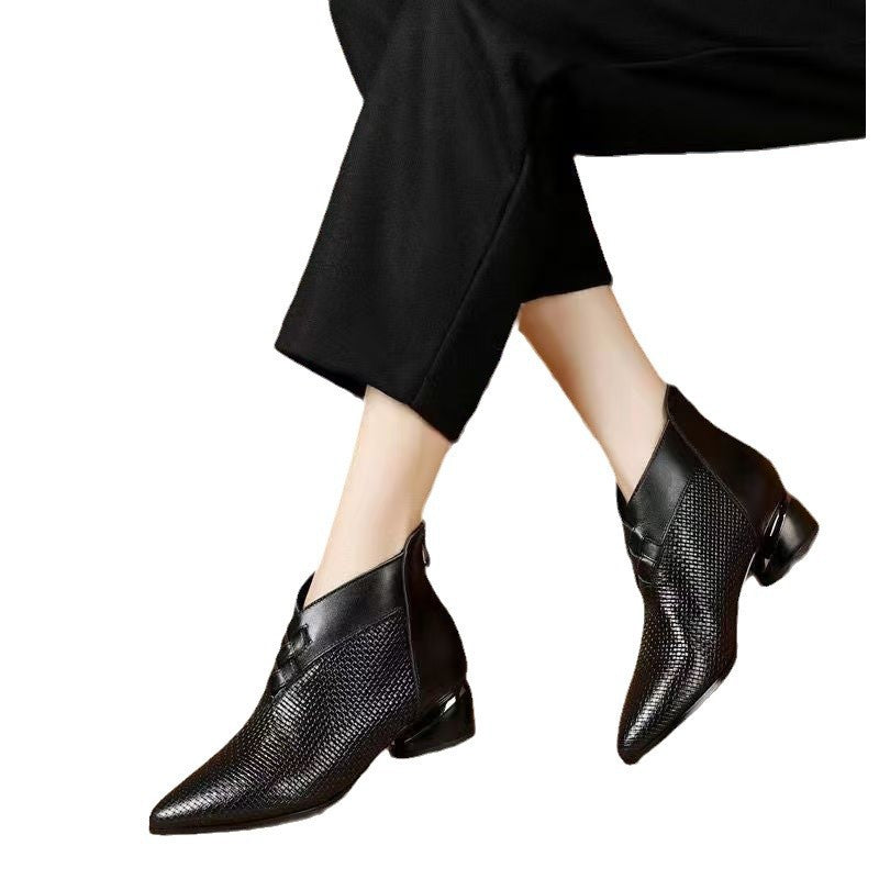 Damen Stiefeletten Leder Spitze Zehen Niedriger Blockabsatz