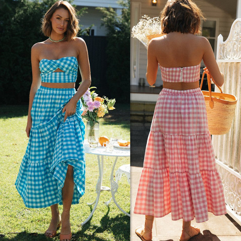 Damen Gingham Set Crop Voluminöser Rock - Norvielle