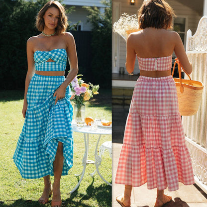 Damen Gingham Set Crop Voluminöser Rock - Norvielle