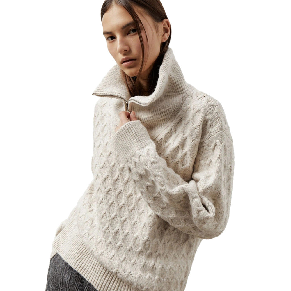 Damen Gemusterter Pullover Hochkragen Reißverschluss Norvielle