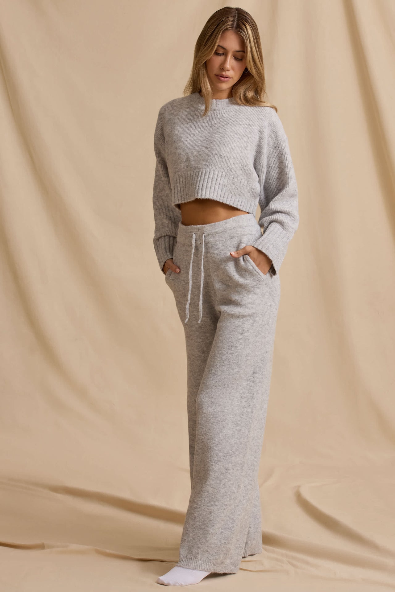 Damen Strick-Set Cropped Pullover Weite Hose Norvielle
