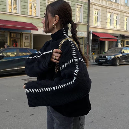Damen Strickpullover Hochärmelig Kontraststich Norvielle