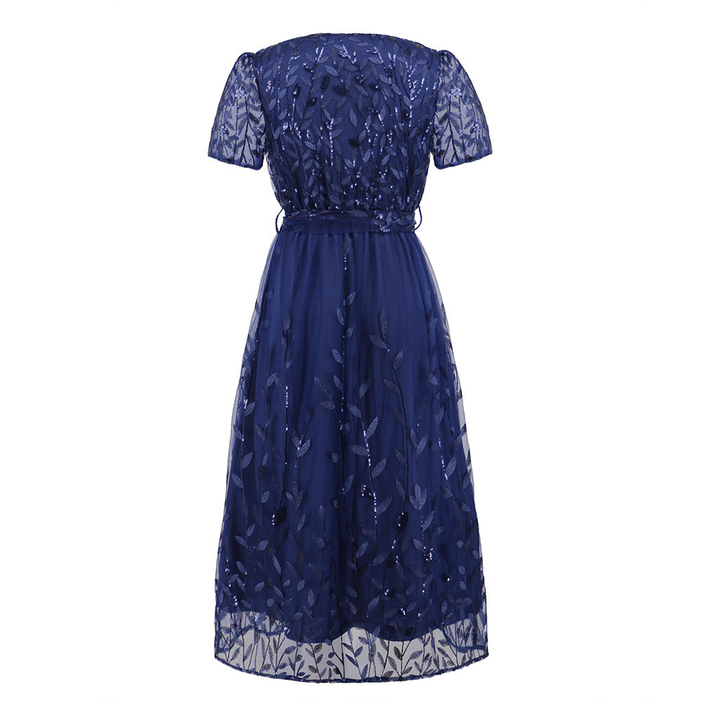 Norvielle Damen Midi Kleid V-Ausschnitt Kurzärmelig mit Gürtel