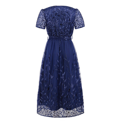 Norvielle Damen Midi Kleid V-Ausschnitt Kurzärmelig mit Gürtel