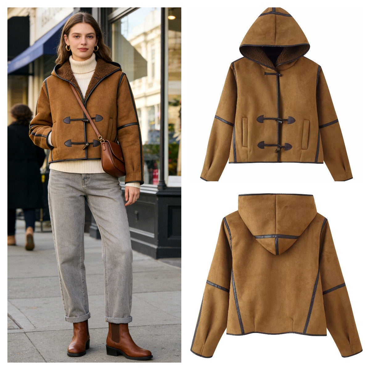 Damen Kunstlederjacke Kapuze Warmfutter Schwarz - Norvielle