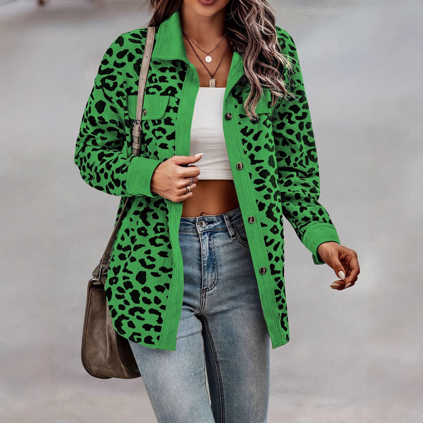 Damen Kordjacke Leo-Print mit Brusttaschen Norvielle