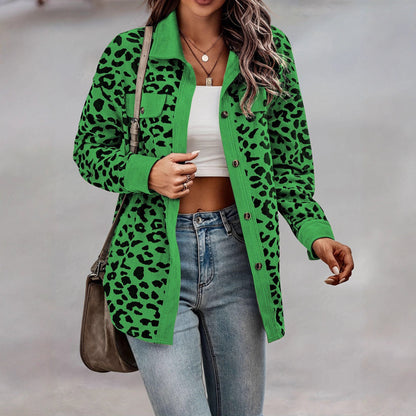 Damen Kordjacke Leo-Print mit Brusttaschen Norvielle