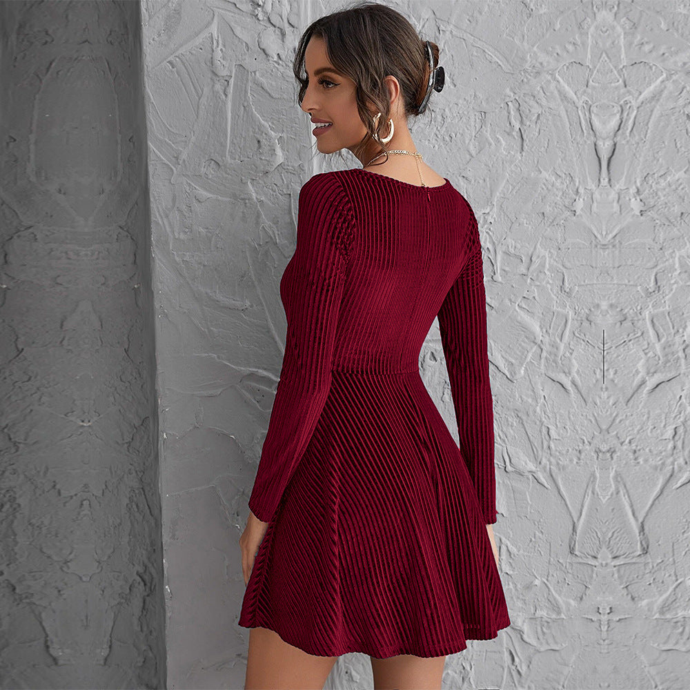 Damen Minikleid Tiefes Quadrat Dekolleté Lange Ärmel