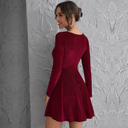 Damen Minikleid Tiefes Quadrat Dekolleté Lange Ärmel