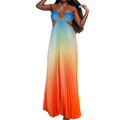 Damen Maxikleid Plissee Ausschnitt Cut-Out Norvielle