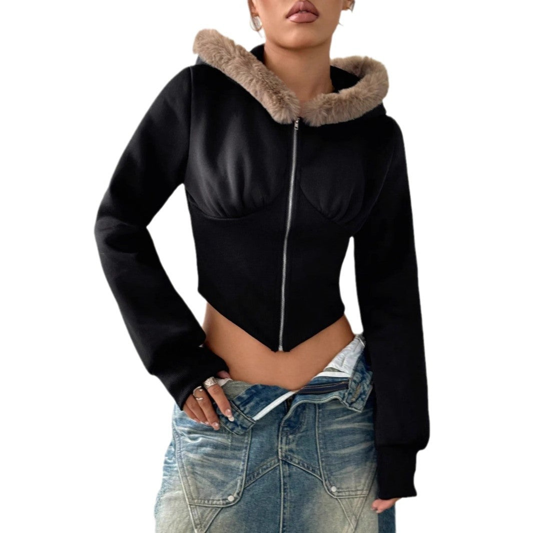 Damen Cropped Hoodie Fellbesatz