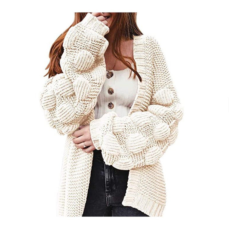 Damen Strickcardigan Voluminöse Ärmel Elegantes Design Beige