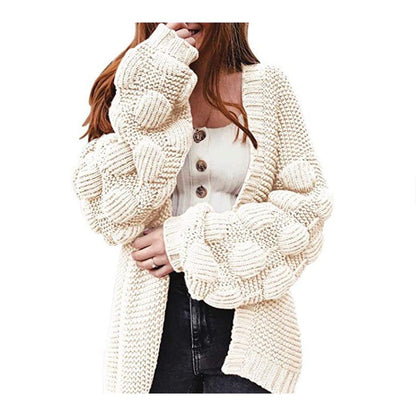 Damen Strickcardigan Voluminöse Ärmel Elegantes Design Beige