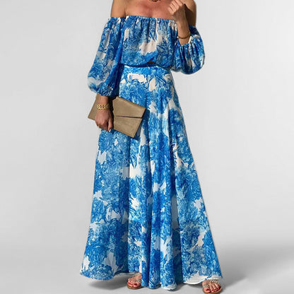 Damen Maxikleid Off-Shoulder Floralmuster Weiter Rock