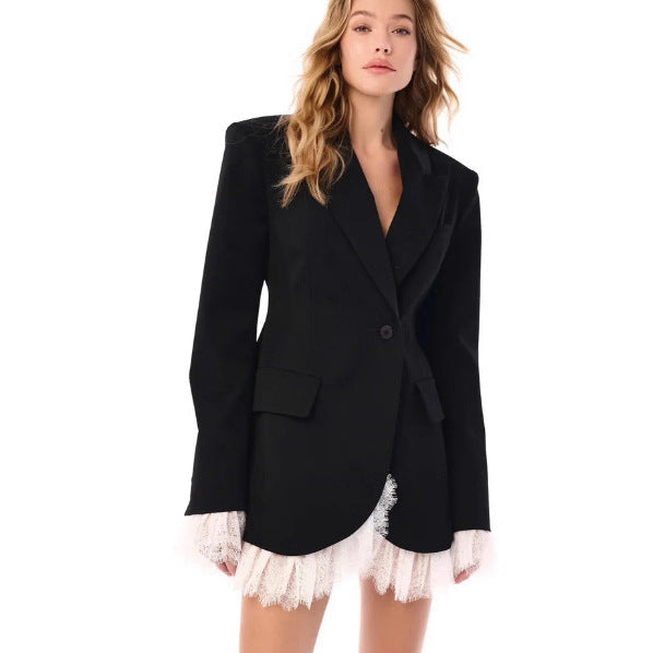 Damen Oversized Blazer Spitzendetails Beige - Norvielle
