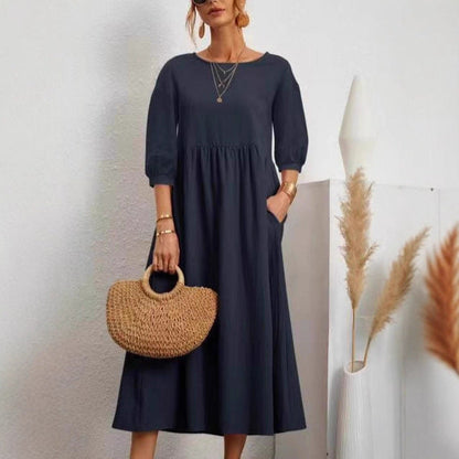 Damen Midi-Kleid Ballonärmel Praktische Taschen Norvielle