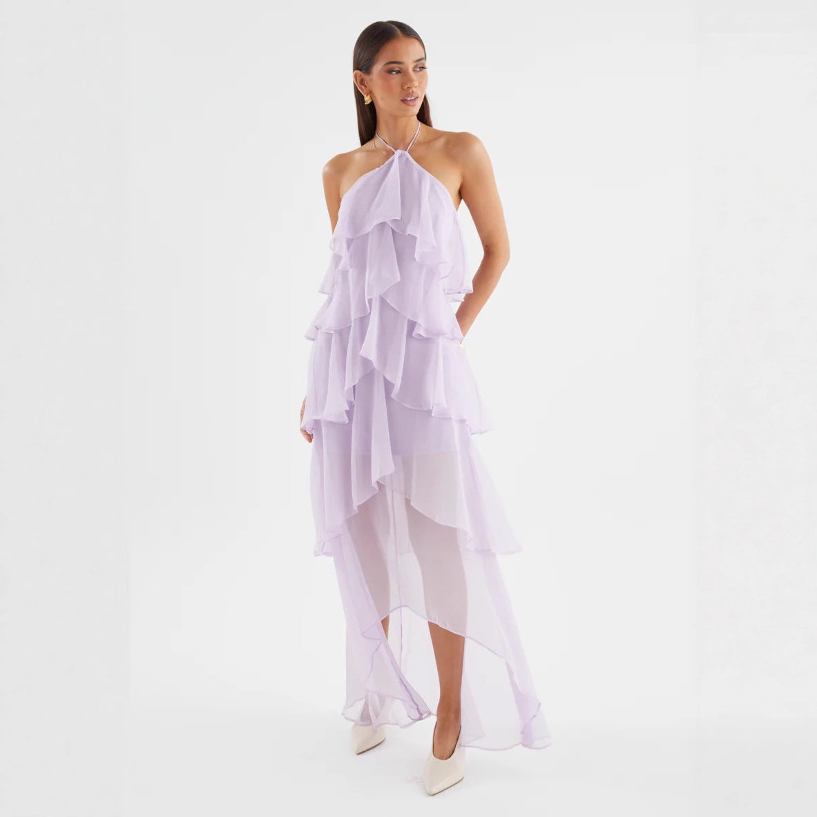 Damen Maxikleid Fließend Volants Halterneck