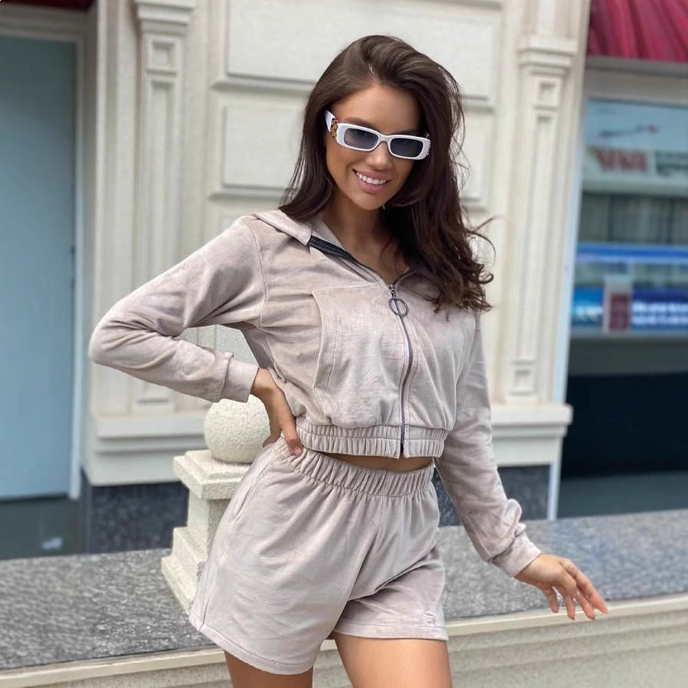 Damen Cropped Hoodie Kurze Hose Set