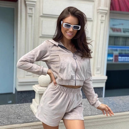 Damen Cropped Hoodie Kurze Hose Set