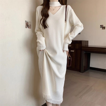 Damen Strickkleid V-Ausschnitt Fransen Norvielle