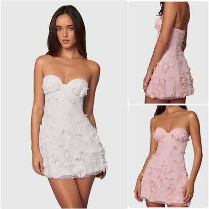 Damen Cocktailkleid Schulterfrei Florale 3D-Applikationen - Norvielle