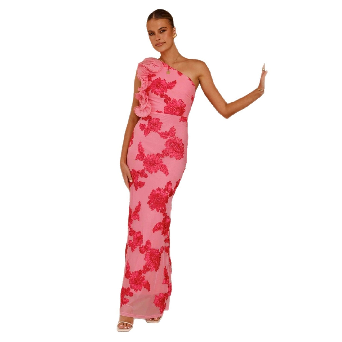 Damen Abendkleid Asymmetrischer Träger Florale Applikationen Norvielle