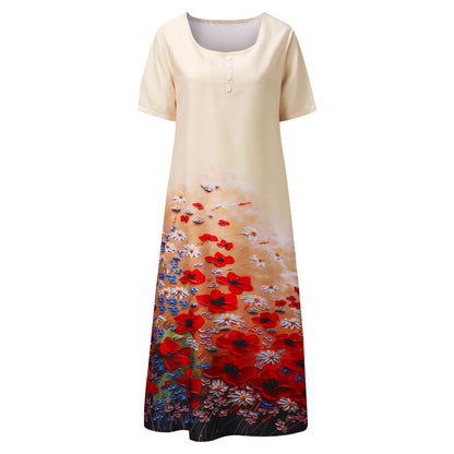 Damen Maxikleid Langärmlig Floralmuster Elegante Knöpfe Norvielle