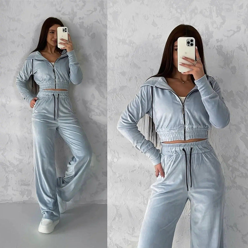 Damen Velours Hoodie Set Cropped mit Jogginghose Norvielle