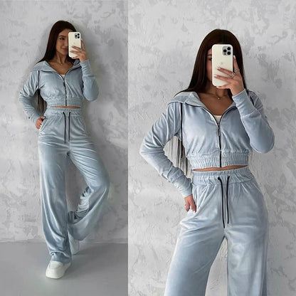 Damen Velours Hoodie Set Cropped mit Jogginghose Norvielle