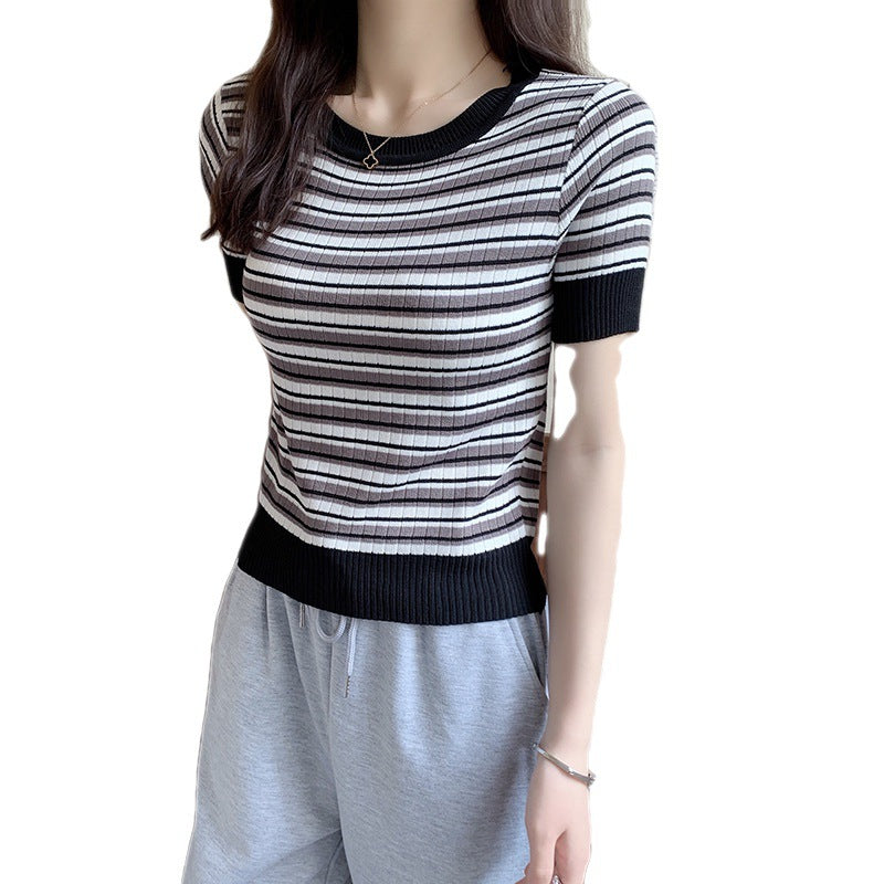 Damen Kurzarm-Shirt Streifenmuster Elastisch Weiß