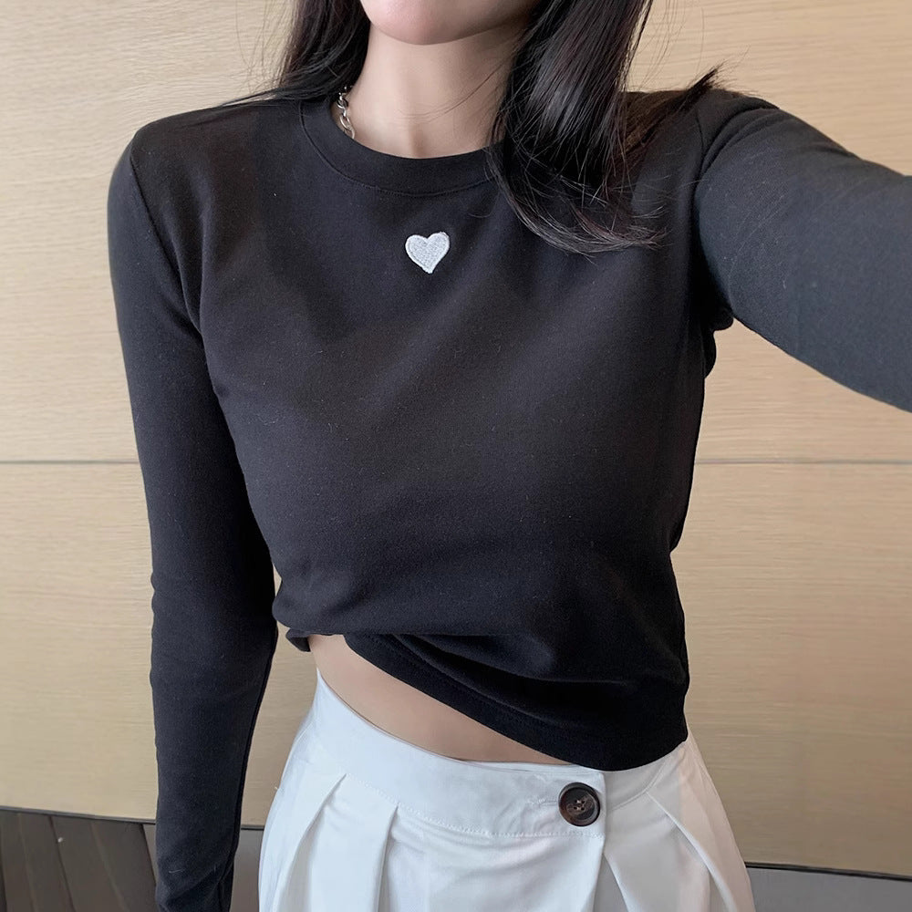 Damen Basic-T-Shirt Langarm Herz-Detail Weiß