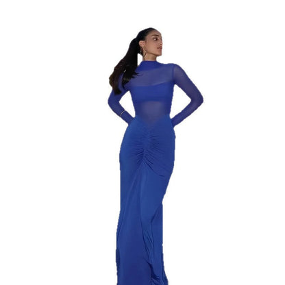 Damen Elegantes Maxikleid mit transparenten Ärmeln und Drapierung