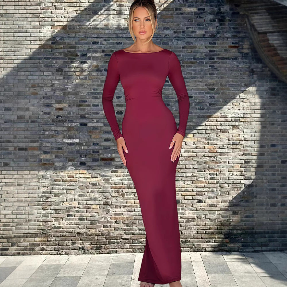 Damen Maxikleid Langarm Elegantes V-Ausschnitt