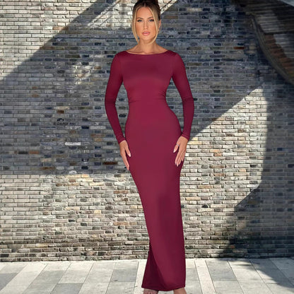 Damen Maxikleid Langarm Elegantes V-Ausschnitt