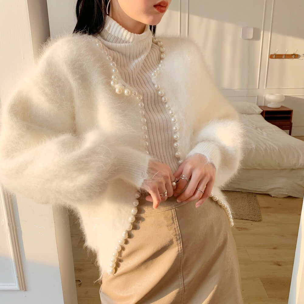 Damen Strickjacke Flauschig Perlenbesatz Norvielle