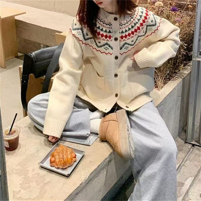 Damen Strickjacke Grafisches Muster Funktions-Taschen