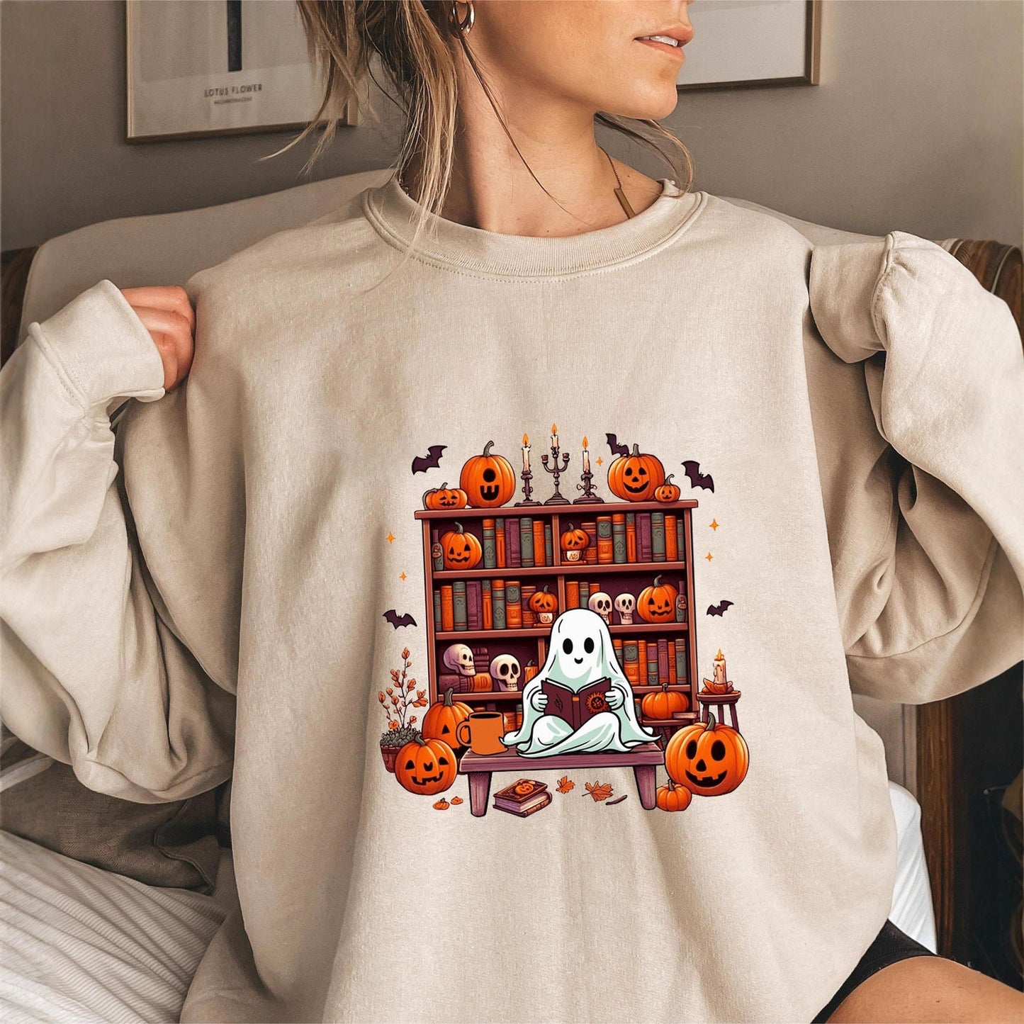 Damen Sweatshirt Herbst Grusel Motiv Puffärmel Schwarz - Norvielle