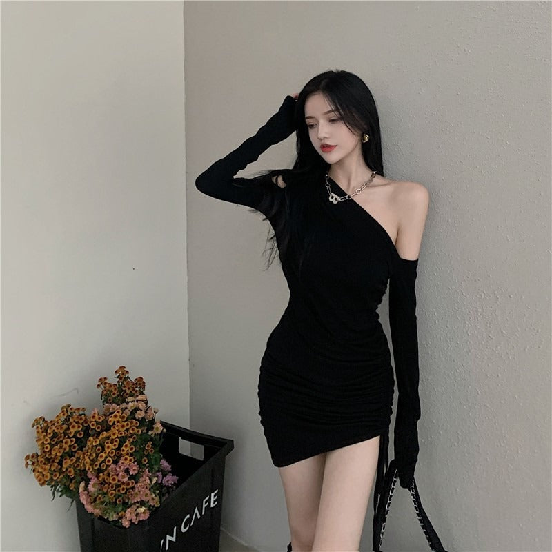 Damen Minikleid Asymmetrischer Ausschnitt Figurbetont