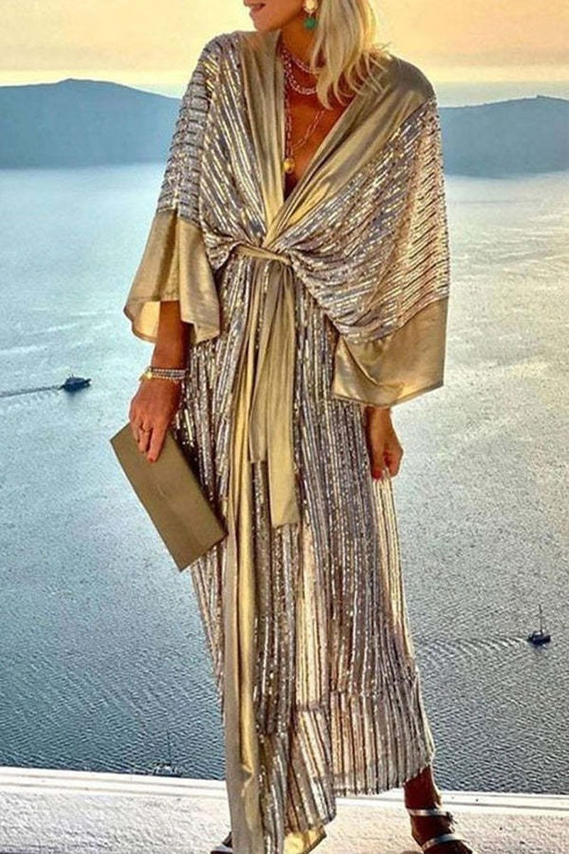 Damen Maxikleid Glitzernd Wickeldesign Fließende Ärmel