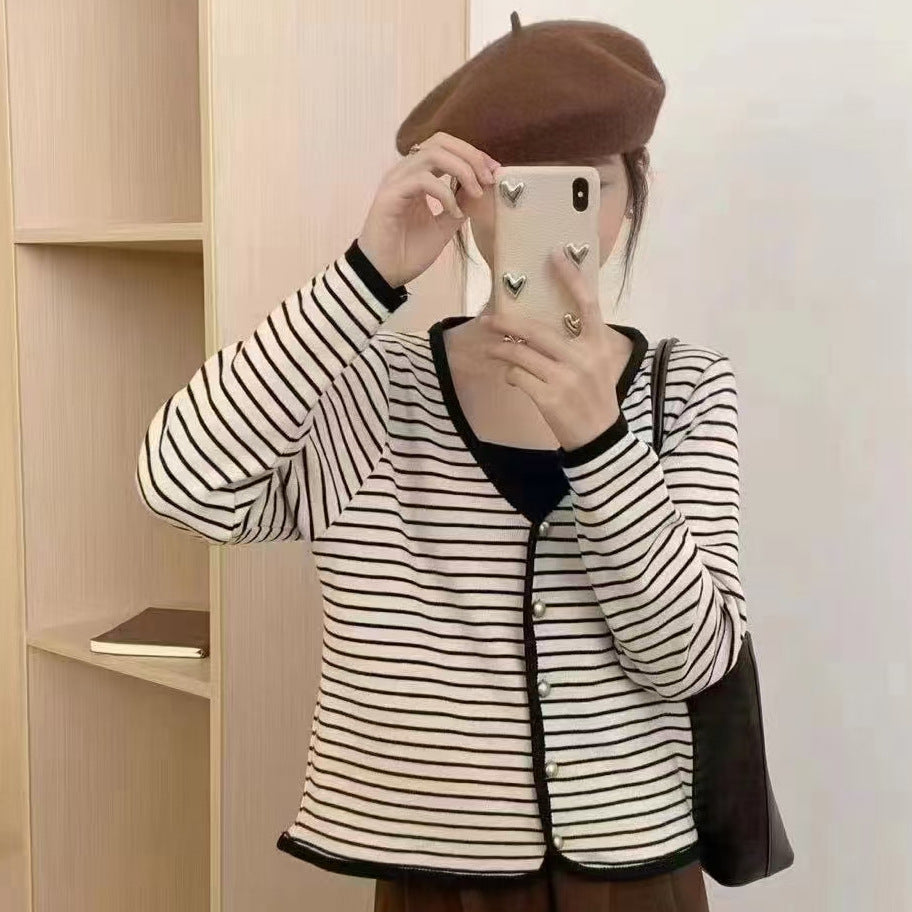 Damen Cardigan Streifen V-Ausschnitt Elegante Knöpfe - Norvielle