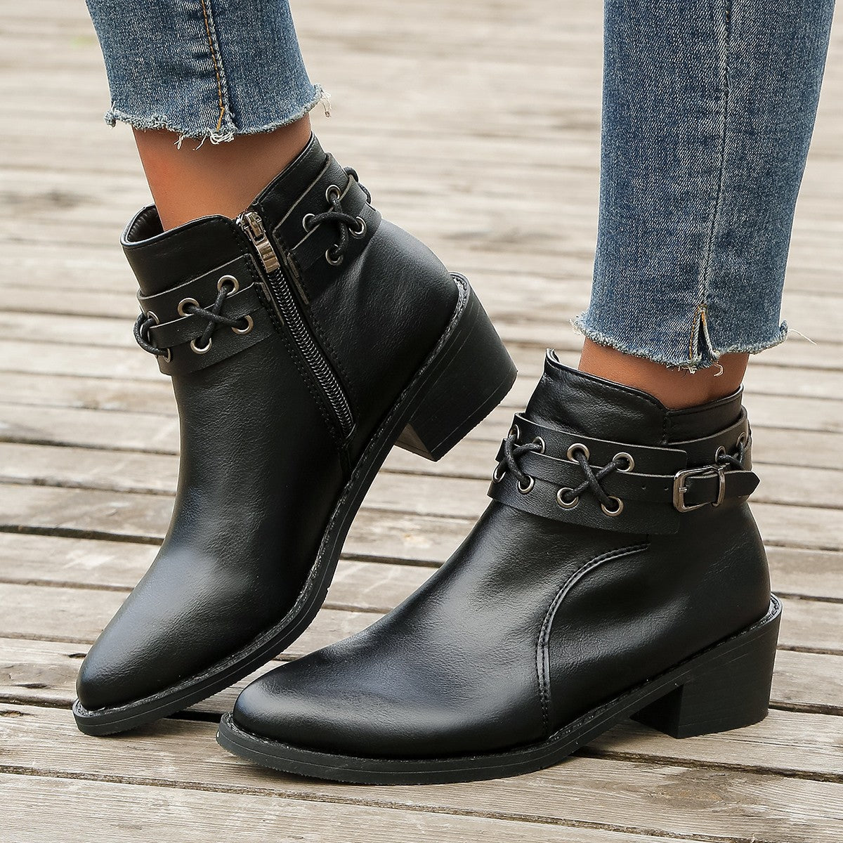 Damen Stiefeletten Spitzem Zeh Blockabsatz Schnür-Schnallen