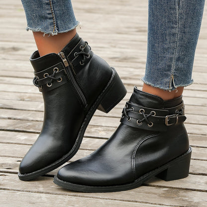 Damen Stiefeletten Spitzem Zeh Blockabsatz Schnür-Schnallen