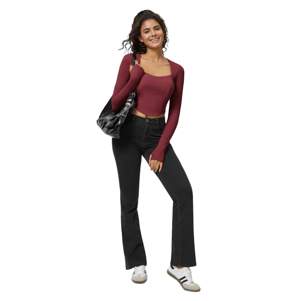 Damen Langarm Crop Rippstoff Quadrat-Ausschnitt