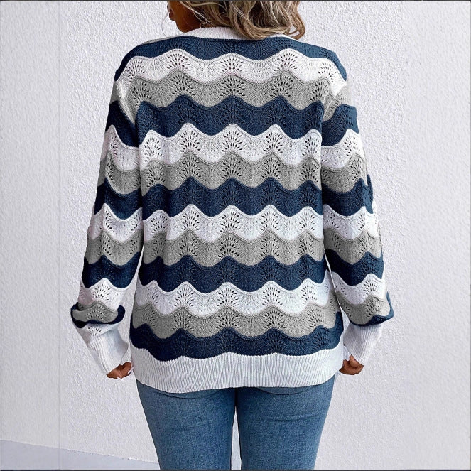 Damen Pullover V-Ausschnitt Wellenmuster Luftig Norvielle