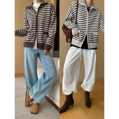 Damen Strickjacke Gestreift Hoher Kragen Beige