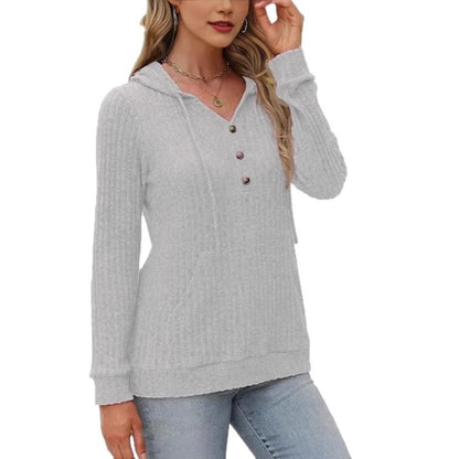 Damen Kapuzenpullover Kuschelfleece Knöpfe Seitentaschen Norvielle