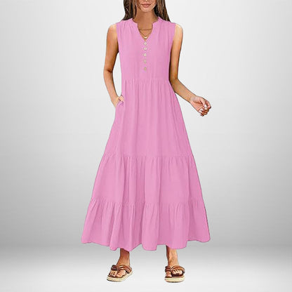 Damen Maxikleid Knöpfe Seitentaschen Norvielle