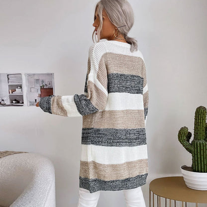 Damen Strickcardigan Lässiges Streifenmuster Offener Schnitt Beige