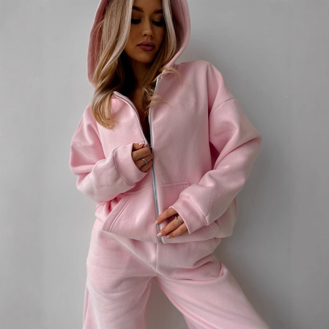 Damen Fleece-Jogginganzug mit Reißverschluss Weite Hose
